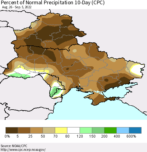 Ukraine, Moldova and Belarus Percent of Normal Precipitation 10-Day (CPC) Thematic Map For 8/26/2022 - 9/5/2022