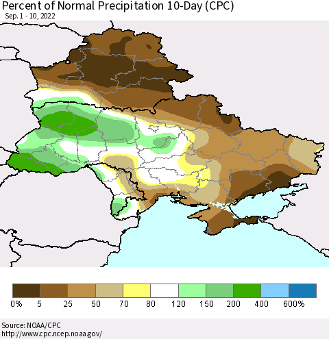 Ukraine, Moldova and Belarus Percent of Normal Precipitation 10-Day (CPC) Thematic Map For 9/1/2022 - 9/10/2022