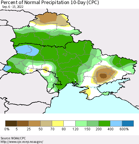 Ukraine, Moldova and Belarus Percent of Normal Precipitation 10-Day (CPC) Thematic Map For 9/6/2022 - 9/15/2022