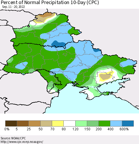 Ukraine, Moldova and Belarus Percent of Normal Precipitation 10-Day (CPC) Thematic Map For 9/11/2022 - 9/20/2022