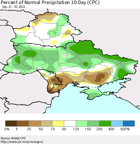 Ukraine, Moldova and Belarus Percent of Normal Precipitation 10-Day (CPC) Thematic Map For 9/21/2022 - 9/30/2022