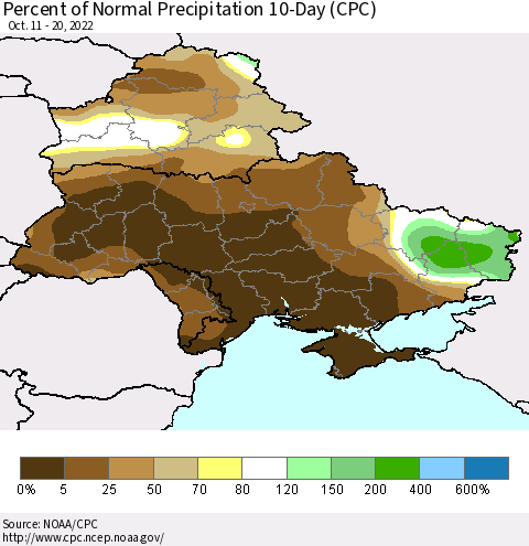 Ukraine, Moldova and Belarus Percent of Normal Precipitation 10-Day (CPC) Thematic Map For 10/11/2022 - 10/20/2022