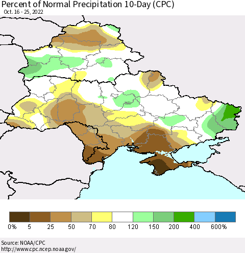 Ukraine, Moldova and Belarus Percent of Normal Precipitation 10-Day (CPC) Thematic Map For 10/16/2022 - 10/25/2022