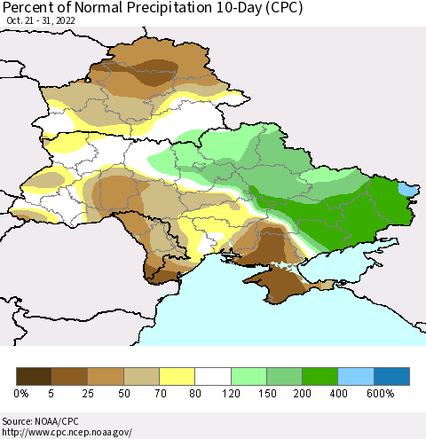 Ukraine, Moldova and Belarus Percent of Normal Precipitation 10-Day (CPC) Thematic Map For 10/21/2022 - 10/31/2022