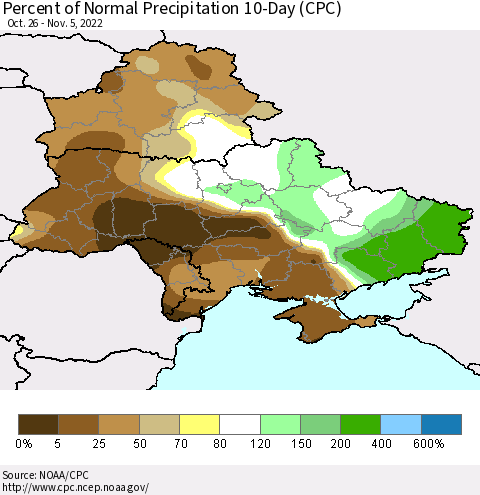 Ukraine, Moldova and Belarus Percent of Normal Precipitation 10-Day (CPC) Thematic Map For 10/26/2022 - 11/5/2022