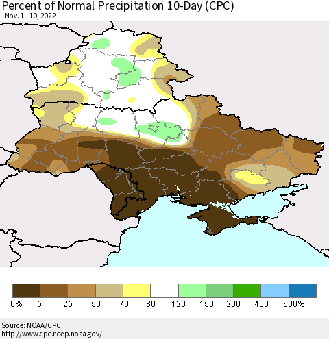 Ukraine, Moldova and Belarus Percent of Normal Precipitation 10-Day (CPC) Thematic Map For 11/1/2022 - 11/10/2022