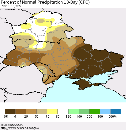 Ukraine, Moldova and Belarus Percent of Normal Precipitation 10-Day (CPC) Thematic Map For 11/6/2022 - 11/15/2022