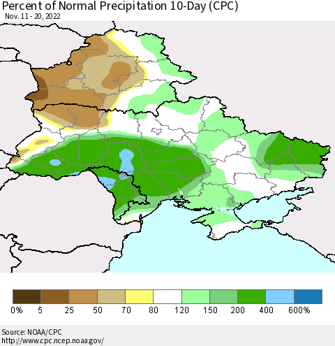 Ukraine, Moldova and Belarus Percent of Normal Precipitation 10-Day (CPC) Thematic Map For 11/11/2022 - 11/20/2022
