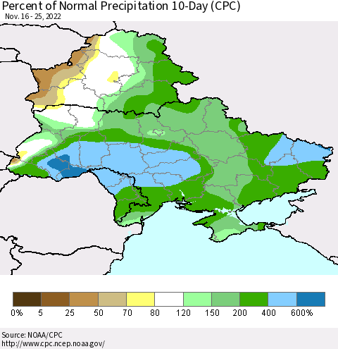 Ukraine, Moldova and Belarus Percent of Normal Precipitation 10-Day (CPC) Thematic Map For 11/16/2022 - 11/25/2022