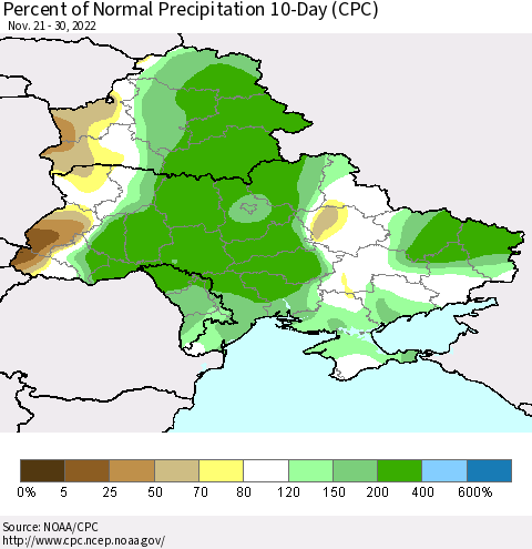 Ukraine, Moldova and Belarus Percent of Normal Precipitation 10-Day (CPC) Thematic Map For 11/21/2022 - 11/30/2022