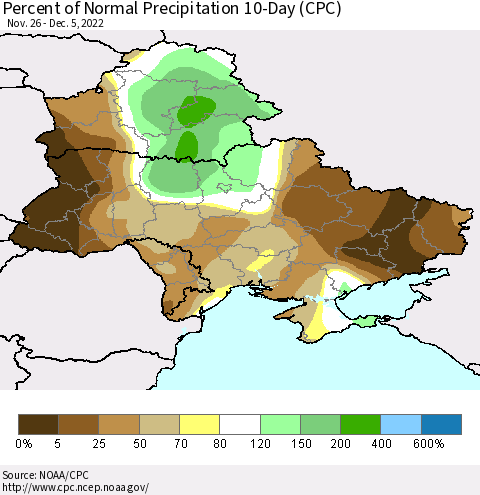 Ukraine, Moldova and Belarus Percent of Normal Precipitation 10-Day (CPC) Thematic Map For 11/26/2022 - 12/5/2022