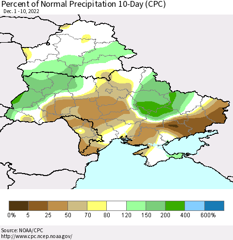 Ukraine, Moldova and Belarus Percent of Normal Precipitation 10-Day (CPC) Thematic Map For 12/1/2022 - 12/10/2022
