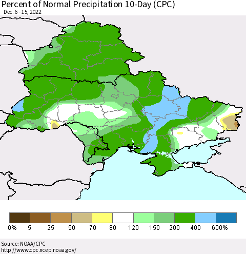 Ukraine, Moldova and Belarus Percent of Normal Precipitation 10-Day (CPC) Thematic Map For 12/6/2022 - 12/15/2022