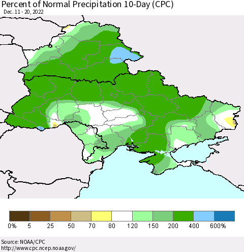 Ukraine, Moldova and Belarus Percent of Normal Precipitation 10-Day (CPC) Thematic Map For 12/11/2022 - 12/20/2022