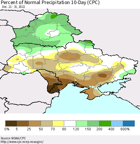 Ukraine, Moldova and Belarus Percent of Normal Precipitation 10-Day (CPC) Thematic Map For 12/21/2022 - 12/31/2022