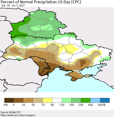Ukraine, Moldova and Belarus Percent of Normal Precipitation 10-Day (CPC) Thematic Map For 12/26/2022 - 1/5/2023