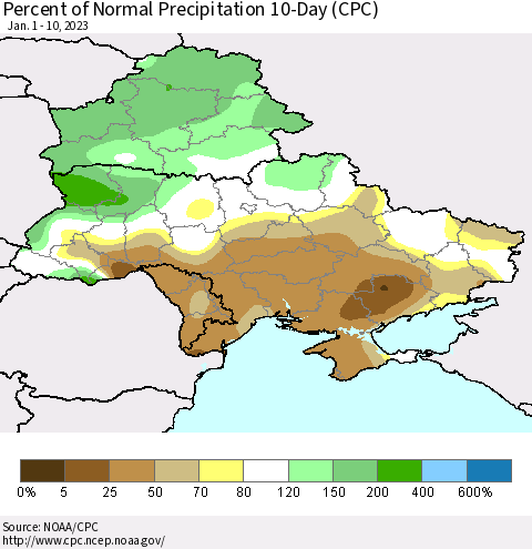 Ukraine, Moldova and Belarus Percent of Normal Precipitation 10-Day (CPC) Thematic Map For 1/1/2023 - 1/10/2023