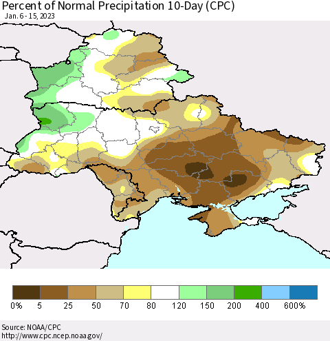 Ukraine, Moldova and Belarus Percent of Normal Precipitation 10-Day (CPC) Thematic Map For 1/6/2023 - 1/15/2023
