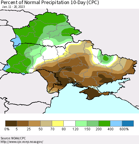 Ukraine, Moldova and Belarus Percent of Normal Precipitation 10-Day (CPC) Thematic Map For 1/11/2023 - 1/20/2023