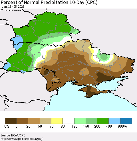 Ukraine, Moldova and Belarus Percent of Normal Precipitation 10-Day (CPC) Thematic Map For 1/16/2023 - 1/25/2023