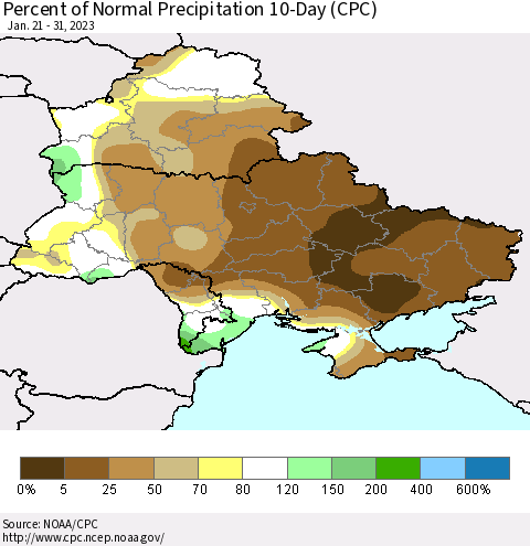 Ukraine, Moldova and Belarus Percent of Normal Precipitation 10-Day (CPC) Thematic Map For 1/21/2023 - 1/31/2023