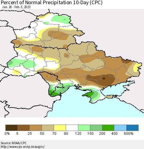 Ukraine, Moldova and Belarus Percent of Normal Precipitation 10-Day (CPC) Thematic Map For 1/26/2023 - 2/5/2023