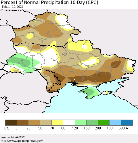Ukraine, Moldova and Belarus Percent of Normal Precipitation 10-Day (CPC) Thematic Map For 2/1/2023 - 2/10/2023