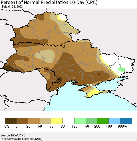 Ukraine, Moldova and Belarus Percent of Normal Precipitation 10-Day (CPC) Thematic Map For 2/6/2023 - 2/15/2023