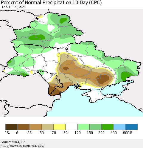 Ukraine, Moldova and Belarus Percent of Normal Precipitation 10-Day (CPC) Thematic Map For 2/11/2023 - 2/20/2023