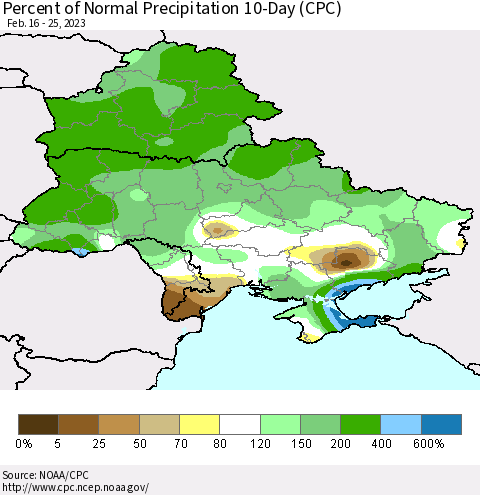 Ukraine, Moldova and Belarus Percent of Normal Precipitation 10-Day (CPC) Thematic Map For 2/16/2023 - 2/25/2023