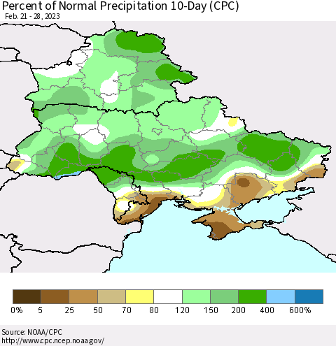 Ukraine, Moldova and Belarus Percent of Normal Precipitation 10-Day (CPC) Thematic Map For 2/21/2023 - 2/28/2023