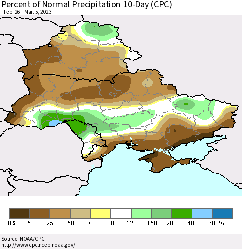 Ukraine, Moldova and Belarus Percent of Normal Precipitation 10-Day (CPC) Thematic Map For 2/26/2023 - 3/5/2023