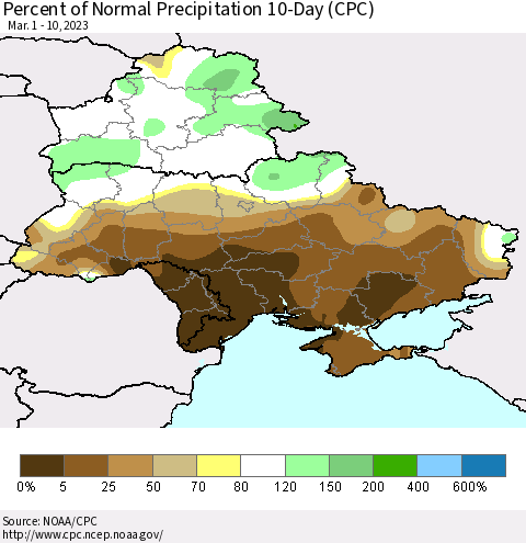 Ukraine, Moldova and Belarus Percent of Normal Precipitation 10-Day (CPC) Thematic Map For 3/1/2023 - 3/10/2023
