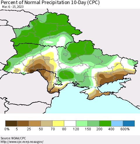 Ukraine, Moldova and Belarus Percent of Normal Precipitation 10-Day (CPC) Thematic Map For 3/6/2023 - 3/15/2023