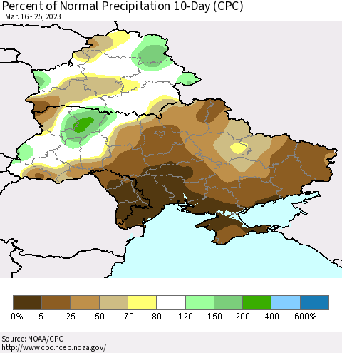 Ukraine, Moldova and Belarus Percent of Normal Precipitation 10-Day (CPC) Thematic Map For 3/16/2023 - 3/25/2023