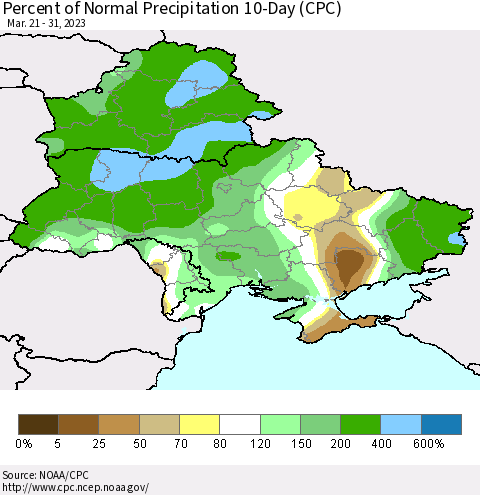 Ukraine, Moldova and Belarus Percent of Normal Precipitation 10-Day (CPC) Thematic Map For 3/21/2023 - 3/31/2023