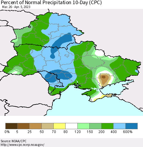 Ukraine, Moldova and Belarus Percent of Normal Precipitation 10-Day (CPC) Thematic Map For 3/26/2023 - 4/5/2023