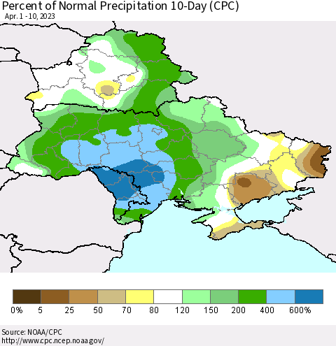 Ukraine, Moldova and Belarus Percent of Normal Precipitation 10-Day (CPC) Thematic Map For 4/1/2023 - 4/10/2023
