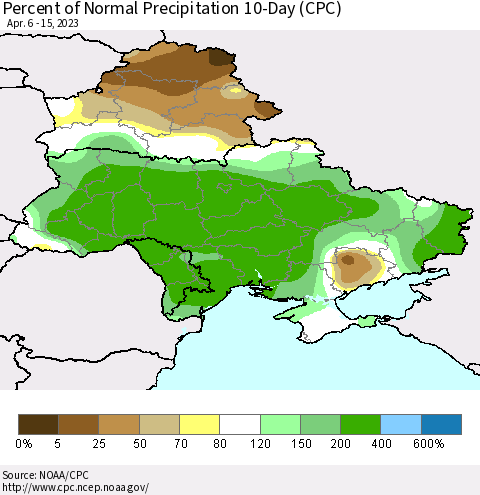 Ukraine, Moldova and Belarus Percent of Normal Precipitation 10-Day (CPC) Thematic Map For 4/6/2023 - 4/15/2023