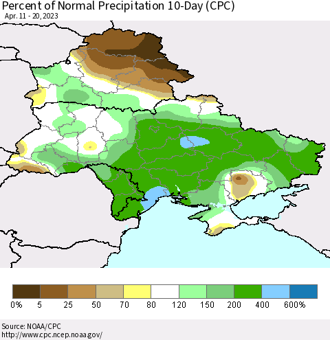 Ukraine, Moldova and Belarus Percent of Normal Precipitation 10-Day (CPC) Thematic Map For 4/11/2023 - 4/20/2023