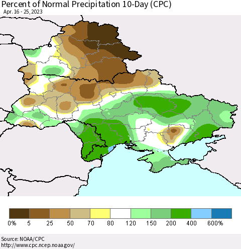 Ukraine, Moldova and Belarus Percent of Normal Precipitation 10-Day (CPC) Thematic Map For 4/16/2023 - 4/25/2023