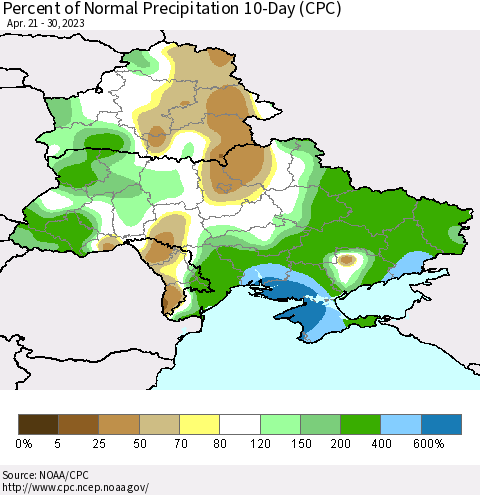 Ukraine, Moldova and Belarus Percent of Normal Precipitation 10-Day (CPC) Thematic Map For 4/21/2023 - 4/30/2023