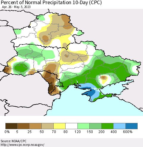 Ukraine, Moldova and Belarus Percent of Normal Precipitation 10-Day (CPC) Thematic Map For 4/26/2023 - 5/5/2023