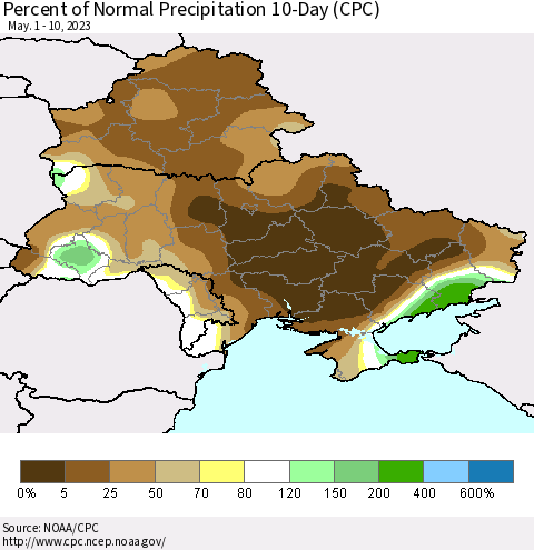 Ukraine, Moldova and Belarus Percent of Normal Precipitation 10-Day (CPC) Thematic Map For 5/1/2023 - 5/10/2023