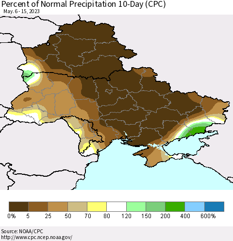 Ukraine, Moldova and Belarus Percent of Normal Precipitation 10-Day (CPC) Thematic Map For 5/6/2023 - 5/15/2023