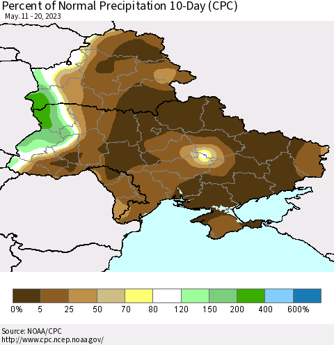 Ukraine, Moldova and Belarus Percent of Normal Precipitation 10-Day (CPC) Thematic Map For 5/11/2023 - 5/20/2023