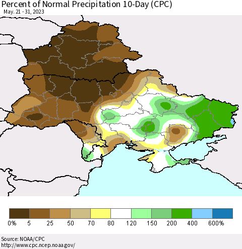 Ukraine, Moldova and Belarus Percent of Normal Precipitation 10-Day (CPC) Thematic Map For 5/21/2023 - 5/31/2023