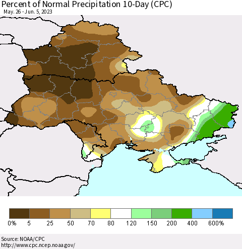 Ukraine, Moldova and Belarus Percent of Normal Precipitation 10-Day (CPC) Thematic Map For 5/26/2023 - 6/5/2023