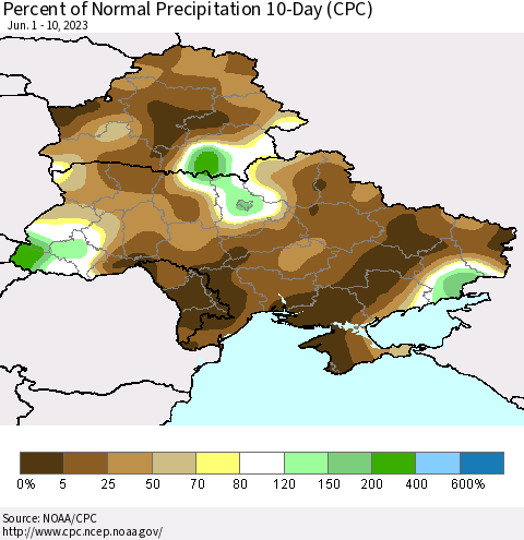 Ukraine, Moldova and Belarus Percent of Normal Precipitation 10-Day (CPC) Thematic Map For 6/1/2023 - 6/10/2023