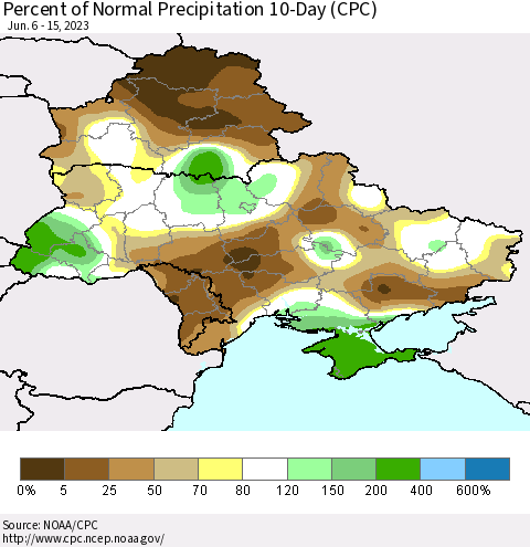 Ukraine, Moldova and Belarus Percent of Normal Precipitation 10-Day (CPC) Thematic Map For 6/6/2023 - 6/15/2023